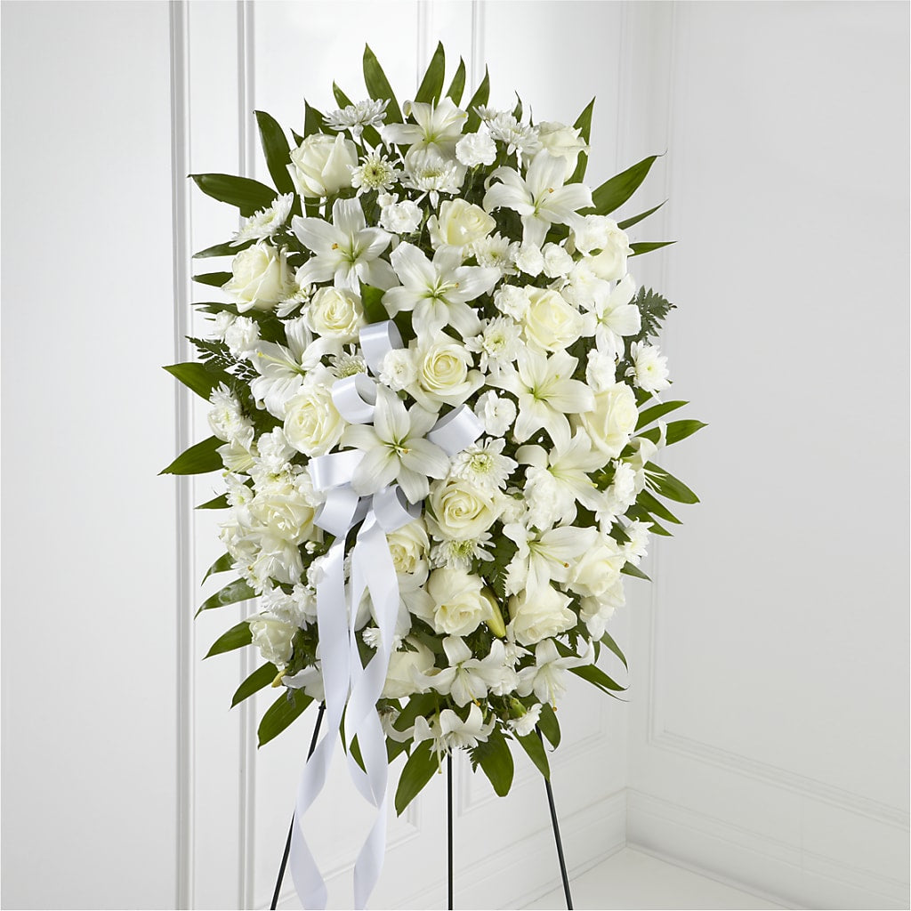 Exquisite Tribute Standing Spray-White Ribbon – Talia Flowers, Ottawa ON