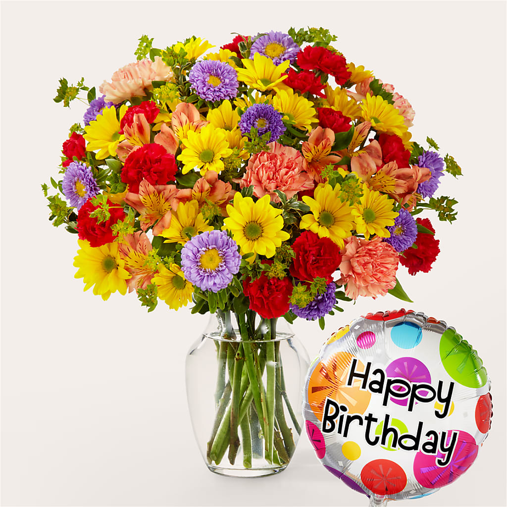 Kaleidoscope Bouquet with Birthday Balloon –  Talia Flowers, Ottawa ON
