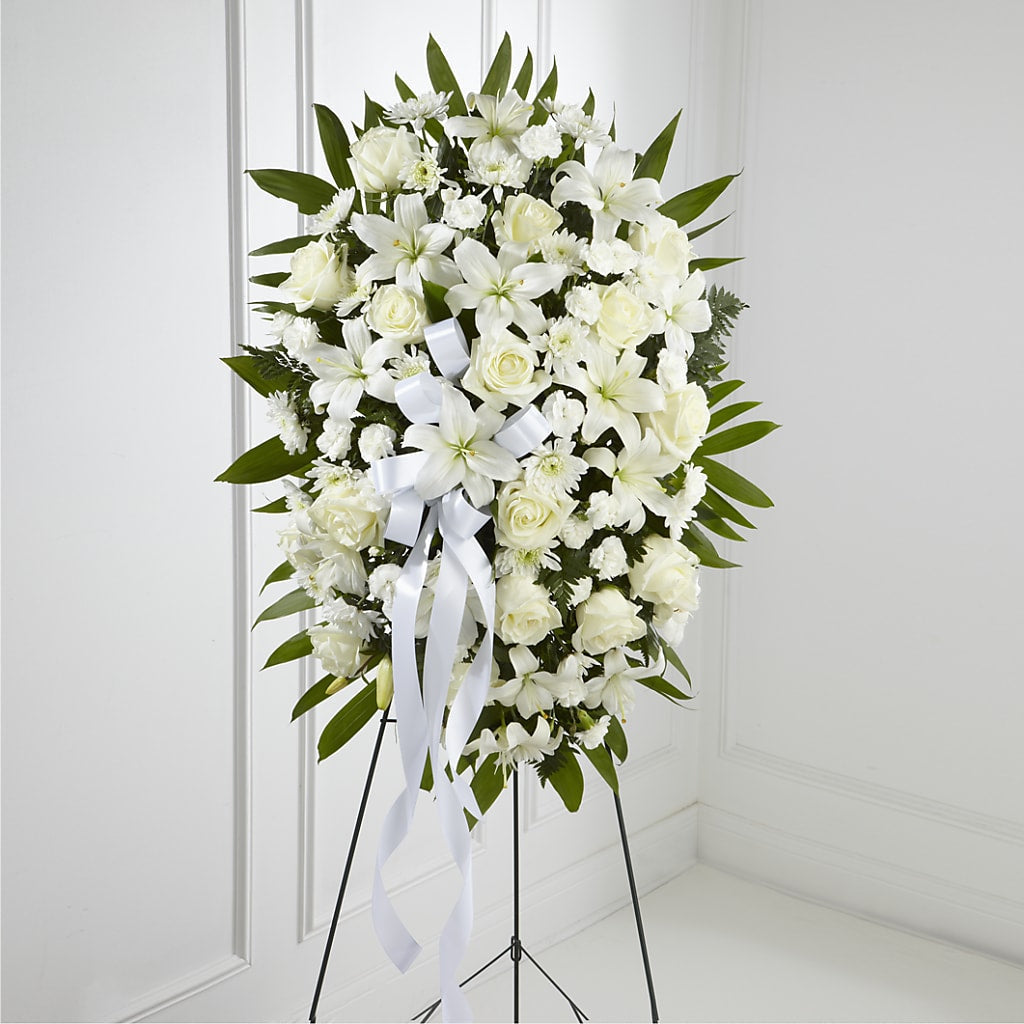 Exquisite Tribute Standing Spray-White Ribbon –  Talia Flowers, Ottawa ON