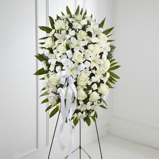 Exquisite Tribute Standing Spray-White Ribbon –  Talia Flowers, Ottawa ON