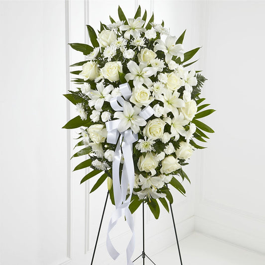 Exquisite Tribute Standing Spray-White Ribbon –  Talia Flowers, Ottawa ON