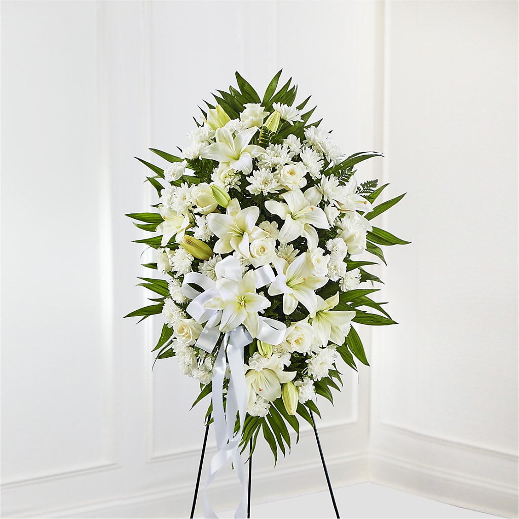 Exquisite Tribute Standing Spray-White Ribbon –  Talia Flowers, Ottawa ON